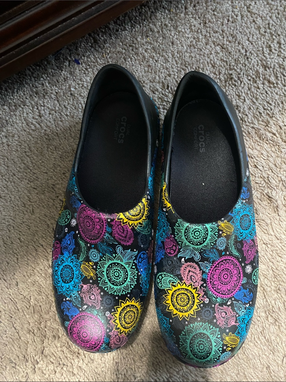 CROCS Women's Black Slip-On Clogs with Multicolor Mandala Print
